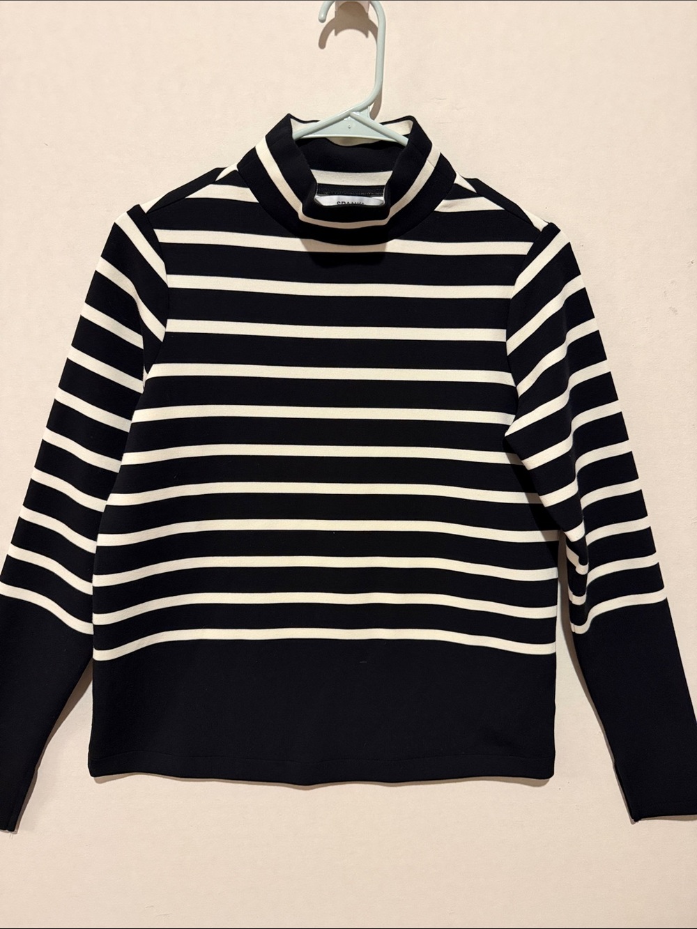 SPANX Black and Cream Striped Mock Neck